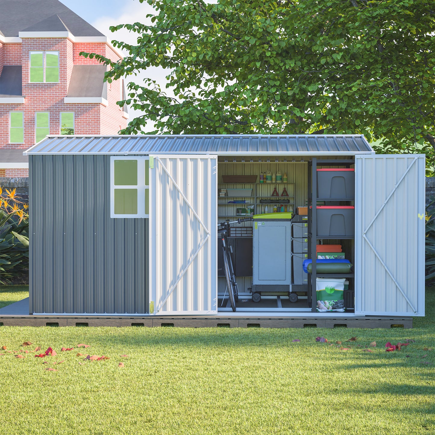 8x12 Ft Storage Shed Outdoor, XL Heavy-Duty Steel Building with Window – Features Hinged Gray Doors & 4 Air Vents for Backyard, Garden, Patio (Gray)
