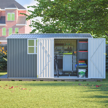 8x12 Ft Storage Shed Outdoor, XL Heavy-Duty Steel Building with Window – Features Hinged Gray Doors & 4 Air Vents for Backyard, Garden, Patio (Gray)
