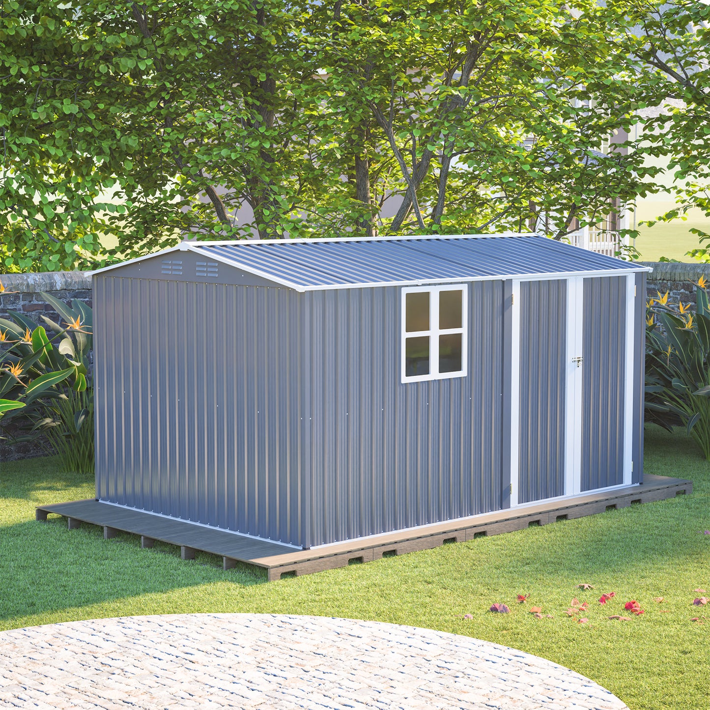 8x12 Ft Storage Shed Outdoor, XL Heavy-Duty Steel Building with Window – Features Hinged Gray Doors & 4 Air Vents for Backyard, Garden, Patio (Gray)