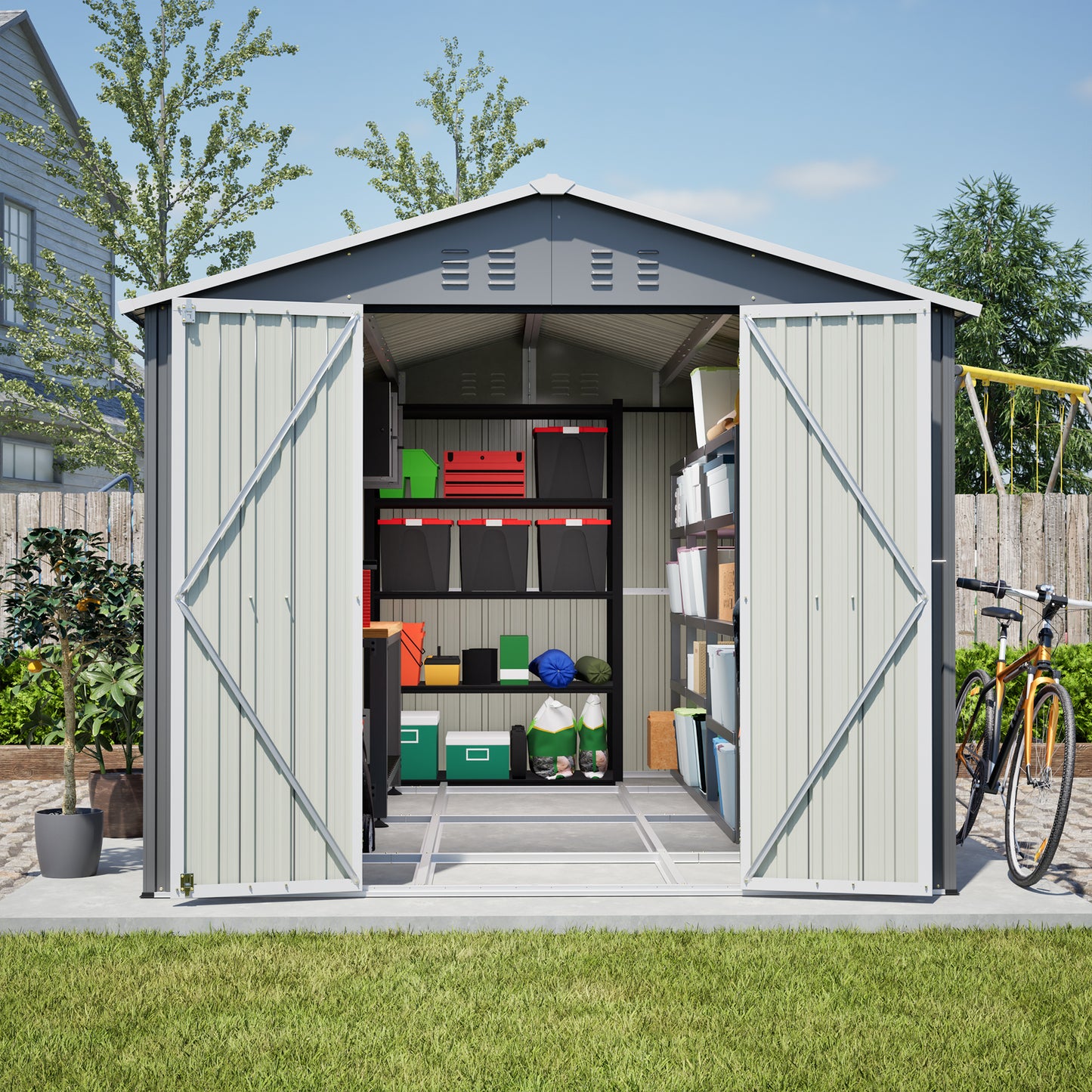 8x12 FT Outdoor Metal Storage Shed with Additional Side Door, Large Tool Shed with 2 Lockable Doors for Easy Access, Aluminum Frame, Grey Backyard Garden Patio Storage