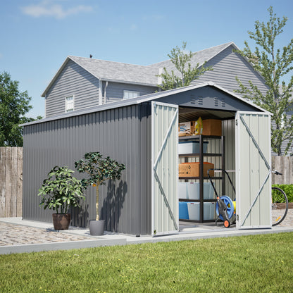 8x12 FT Outdoor Metal Storage Shed with Additional Side Door, Large Tool Shed with 2 Lockable Doors for Easy Access, Aluminum Frame, Grey Backyard Garden Patio Storage