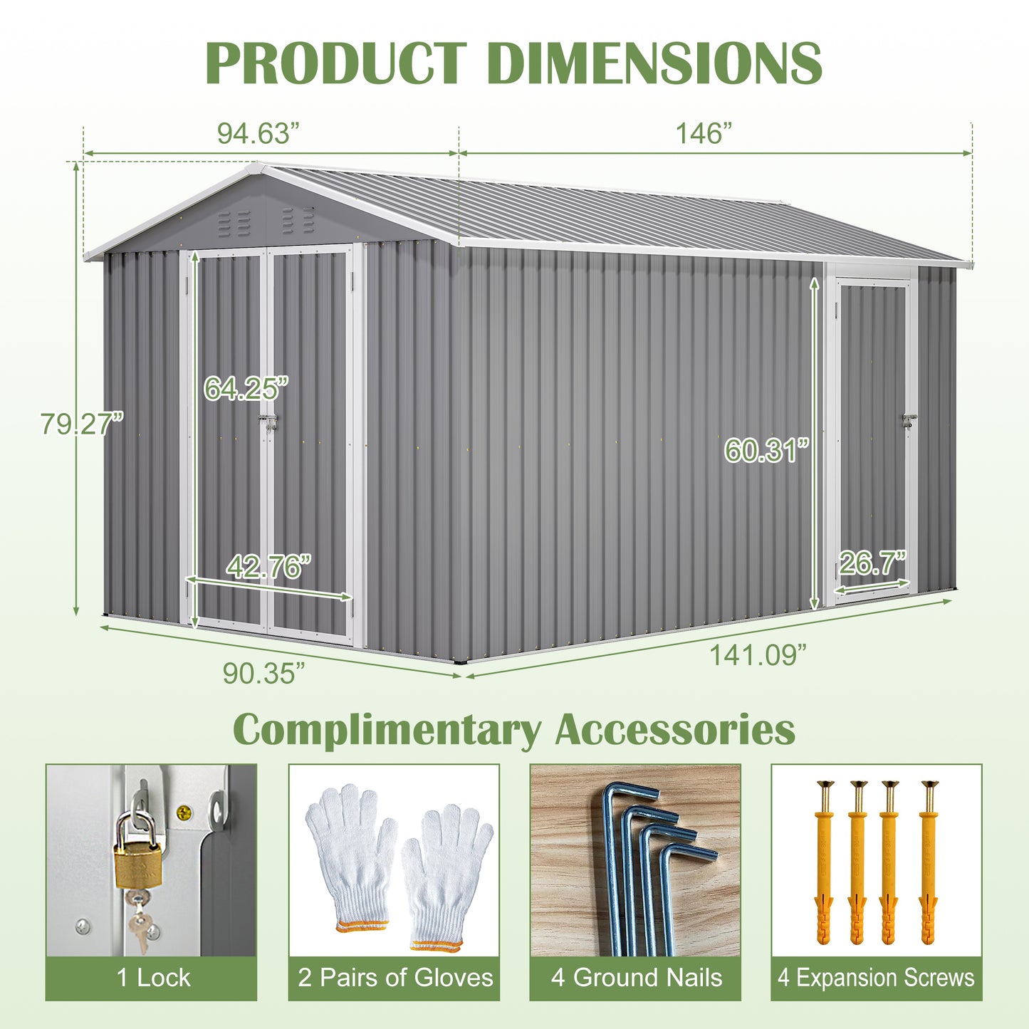 8x12 FT Outdoor Metal Storage Shed with Additional Side Door, Large Tool Shed with 2 Lockable Doors for Easy Access, Aluminum Frame, Grey Backyard Garden Patio Storage