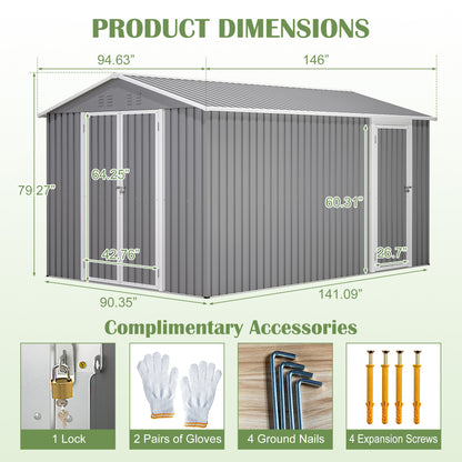 8x12 FT Outdoor Metal Storage Shed with Additional Side Door, Large Tool Shed with 2 Lockable Doors for Easy Access, Aluminum Frame, Grey Backyard Garden Patio Storage