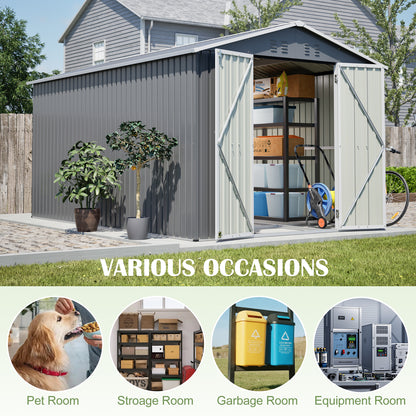 8x12 FT Outdoor Metal Storage Shed with Additional Side Door, Large Tool Shed with 2 Lockable Doors for Easy Access, Aluminum Frame, Grey Backyard Garden Patio Storage