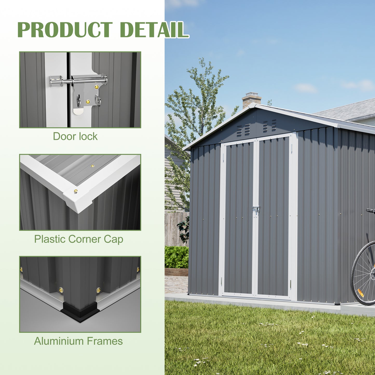8x12 FT Outdoor Metal Storage Shed with Additional Side Door, Large Tool Shed with 2 Lockable Doors for Easy Access, Aluminum Frame, Grey Backyard Garden Patio Storage