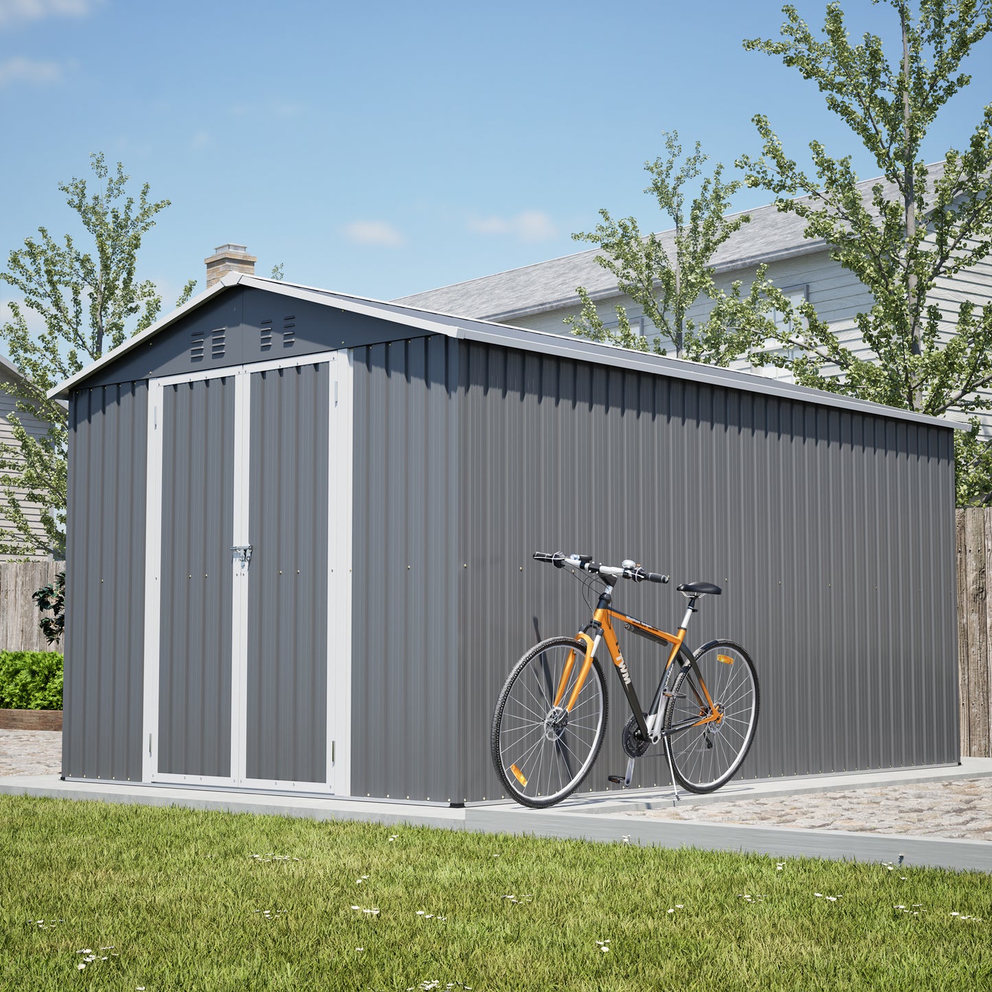 8x12 FT Outdoor Metal Storage Shed with Additional Side Door, Large Tool Shed with 2 Lockable Doors for Easy Access, Aluminum Frame, Grey Backyard Garden Patio Storage