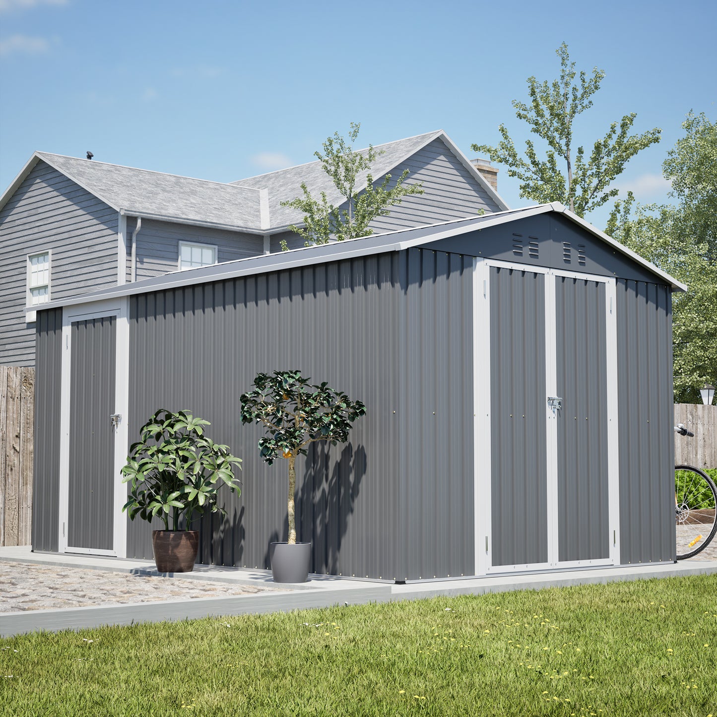 8x12 FT Outdoor Metal Storage Shed with Additional Side Door, Large Tool Shed with 2 Lockable Doors for Easy Access, Aluminum Frame, Grey Backyard Garden Patio Storage