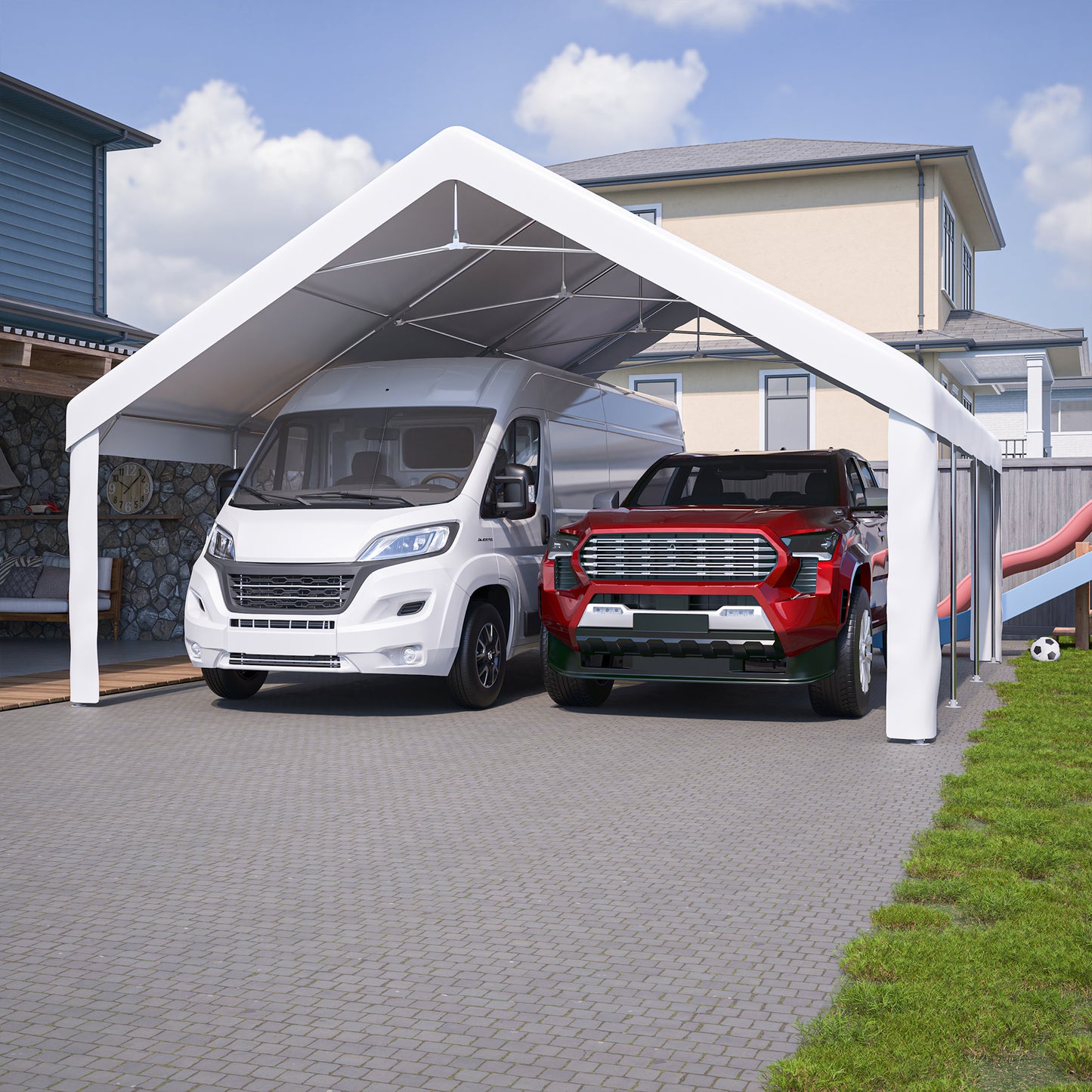 20x20 FT Event Shelter with Detachable Sides and Carport Capability - Equipped with Storage Solutions for Various Outdoor Occasions