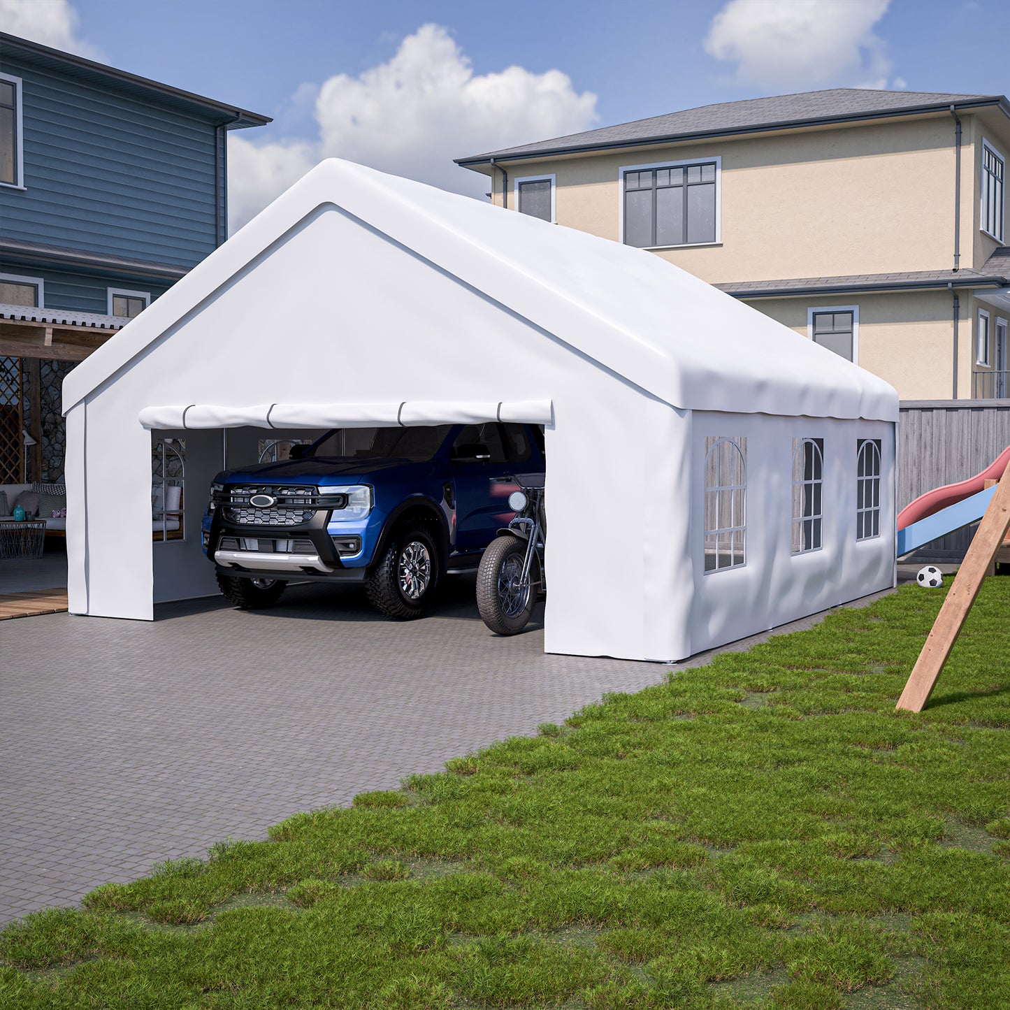 20x20 FT Event Shelter with Detachable Sides and Carport Capability - Equipped with Storage Solutions for Various Outdoor Occasions