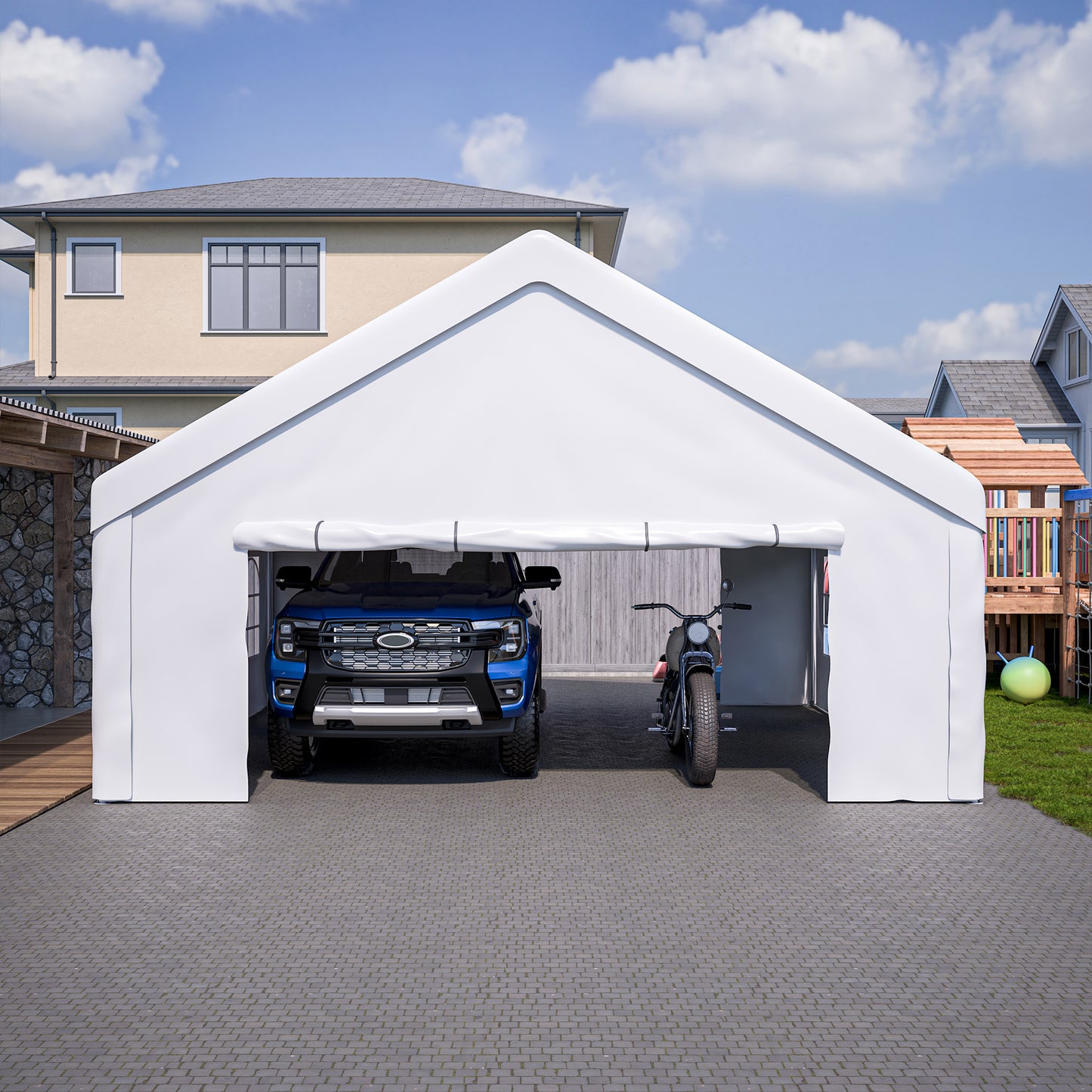 20x20 FT Event Shelter with Detachable Sides and Carport Capability - Equipped with Storage Solutions for Various Outdoor Occasions