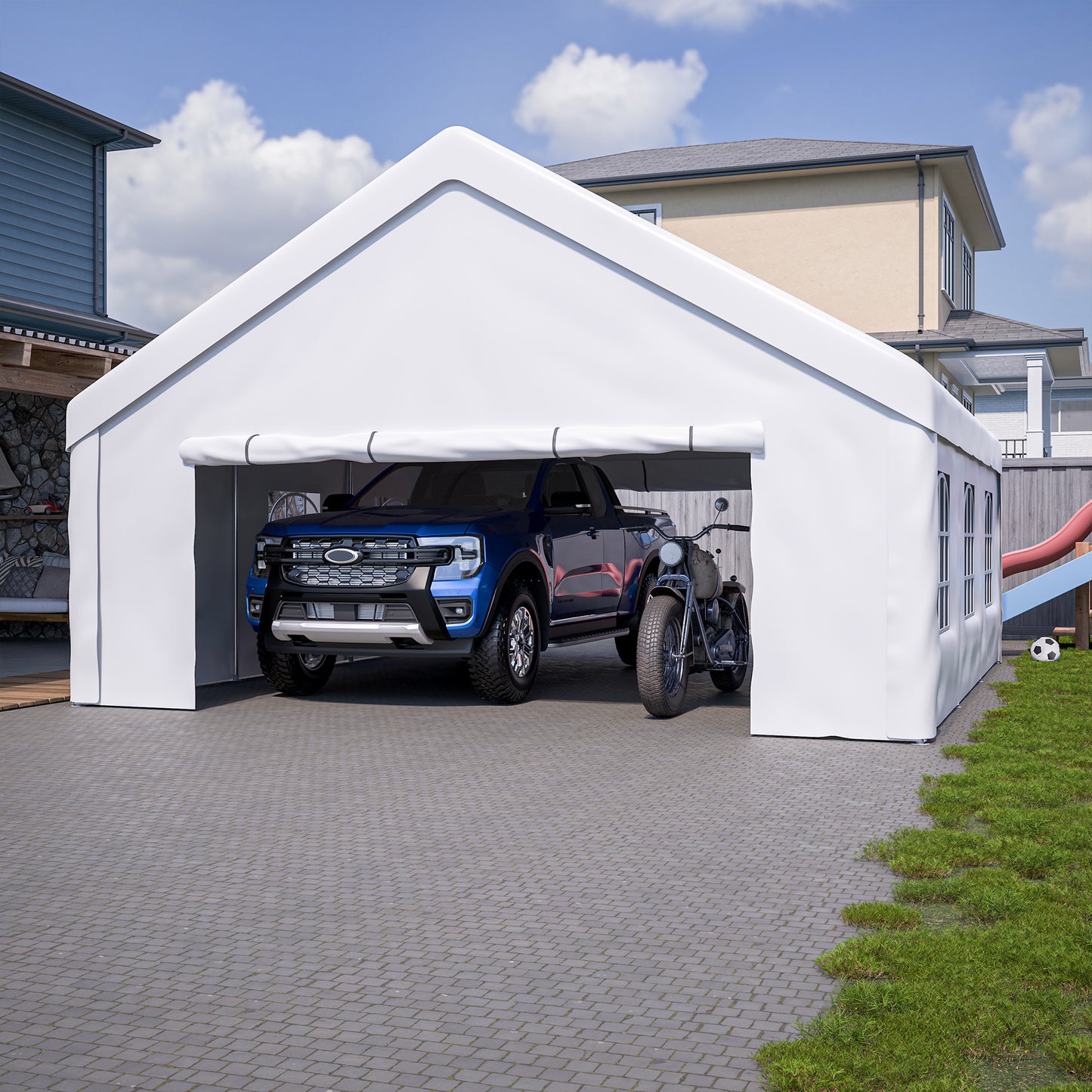 20x20 FT Event Shelter with Detachable Sides and Carport Capability - Equipped with Storage Solutions for Various Outdoor Occasions