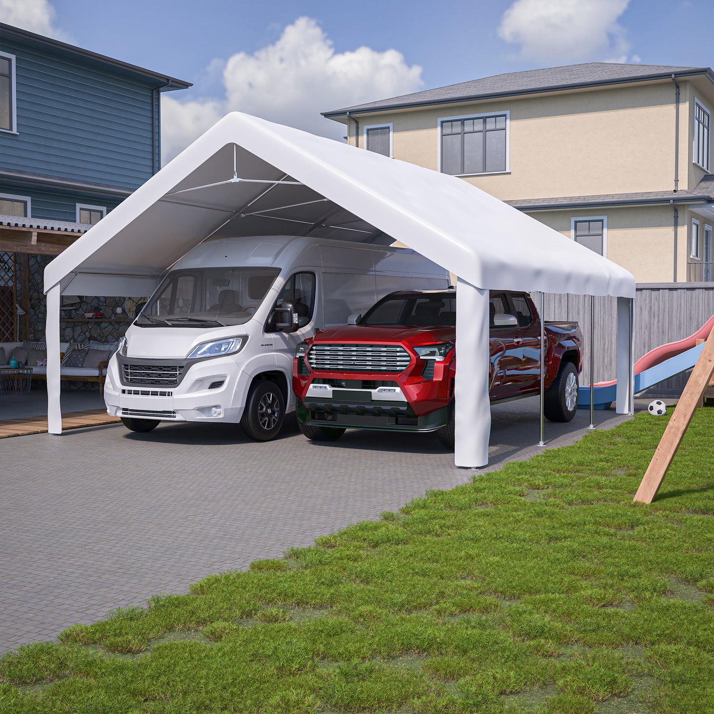 20x20 FT Event Shelter with Detachable Sides and Carport Capability - Equipped with Storage Solutions for Various Outdoor Occasions
