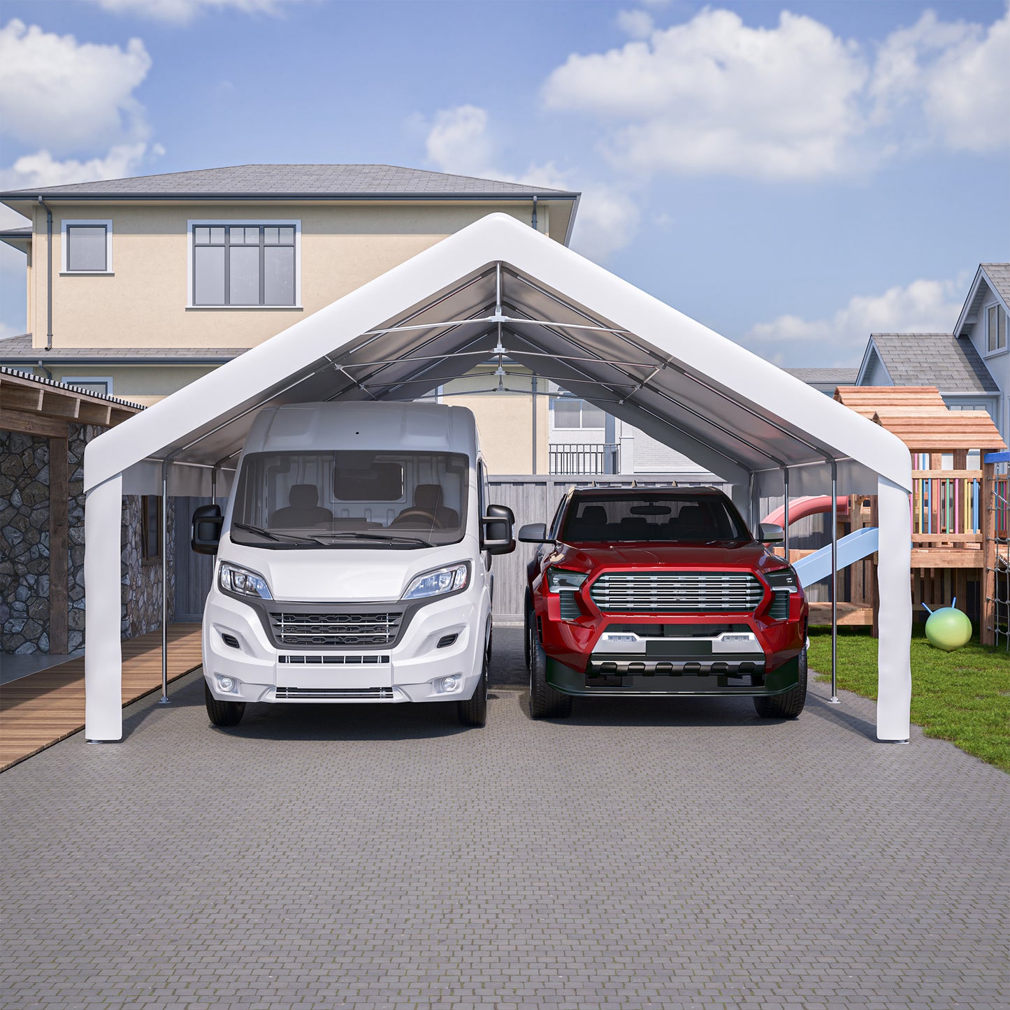 20x20 FT Event Shelter with Detachable Sides and Carport Capability - Equipped with Storage Solutions for Various Outdoor Occasions