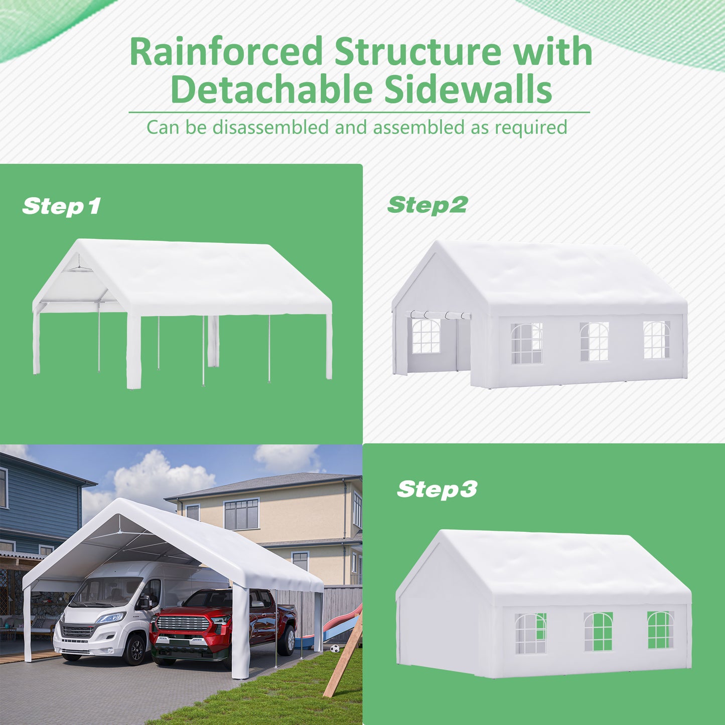 20x20 FT Event Shelter with Detachable Sides and Carport Capability - Equipped with Storage Solutions for Various Outdoor Occasions