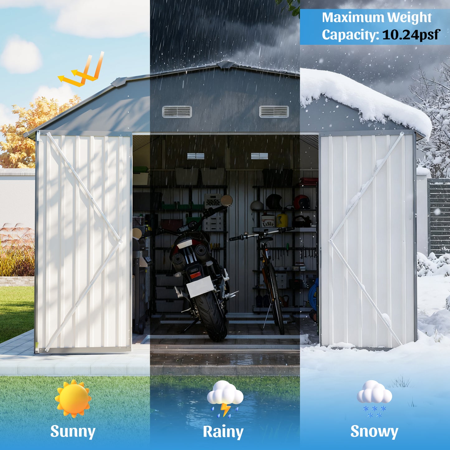 10x12 FT Gray Outdoor Storage Shed, Heavy Duty Rust-Resistant Steel Tool Shed with Floor Frame Kit