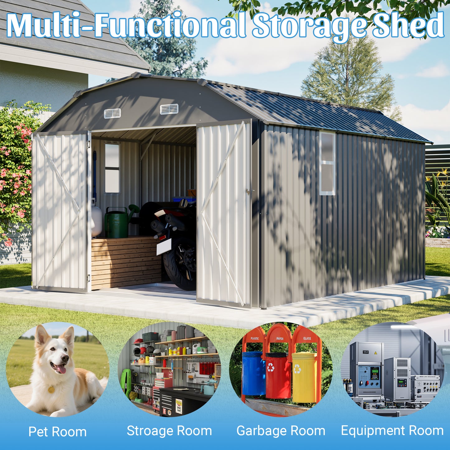 10x12 FT Gray Outdoor Storage Shed, Heavy Duty Rust-Resistant Steel Tool Shed with Floor Frame Kit