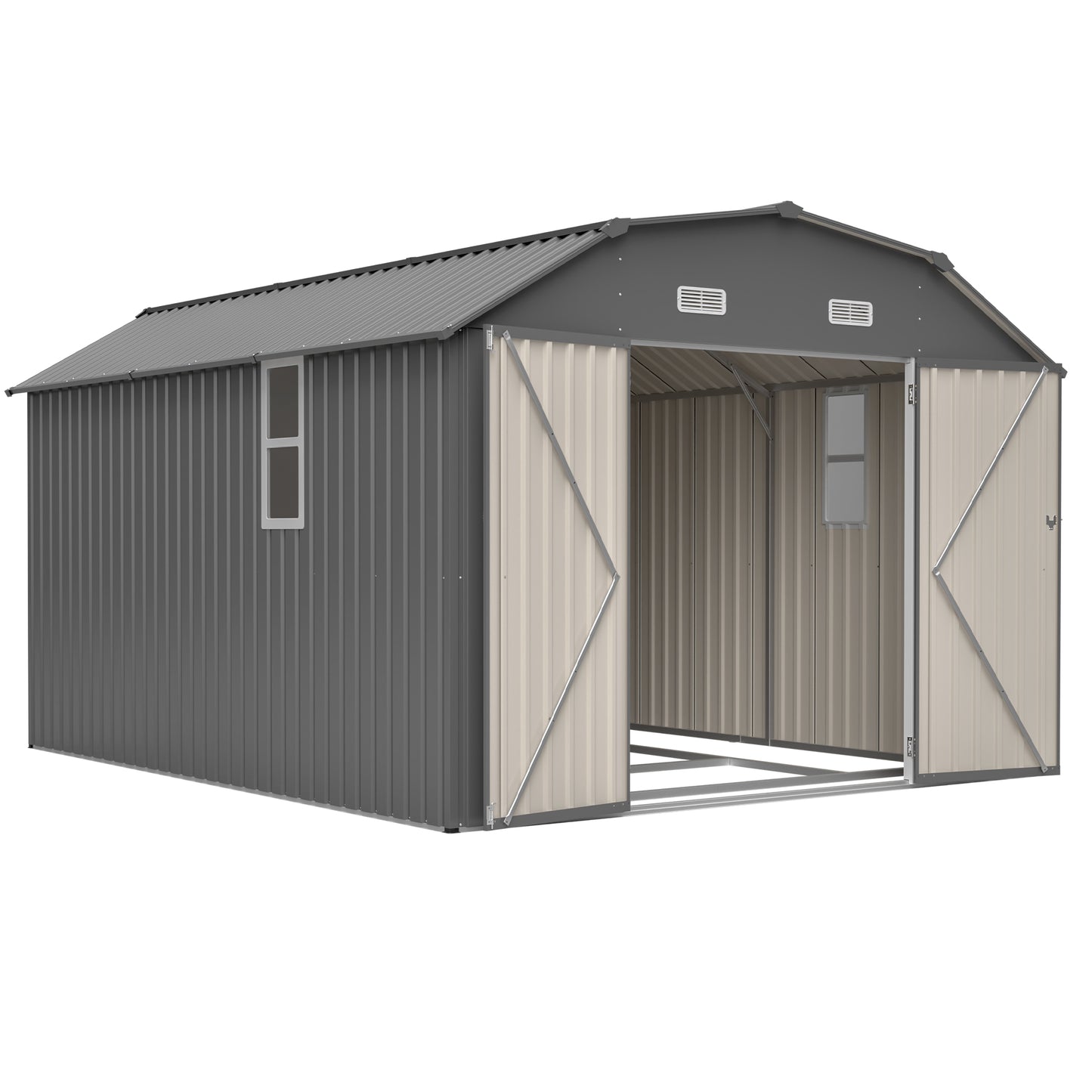 10x12 FT Gray Outdoor Storage Shed, Heavy Duty Rust-Resistant Steel Tool Shed with Floor Frame Kit