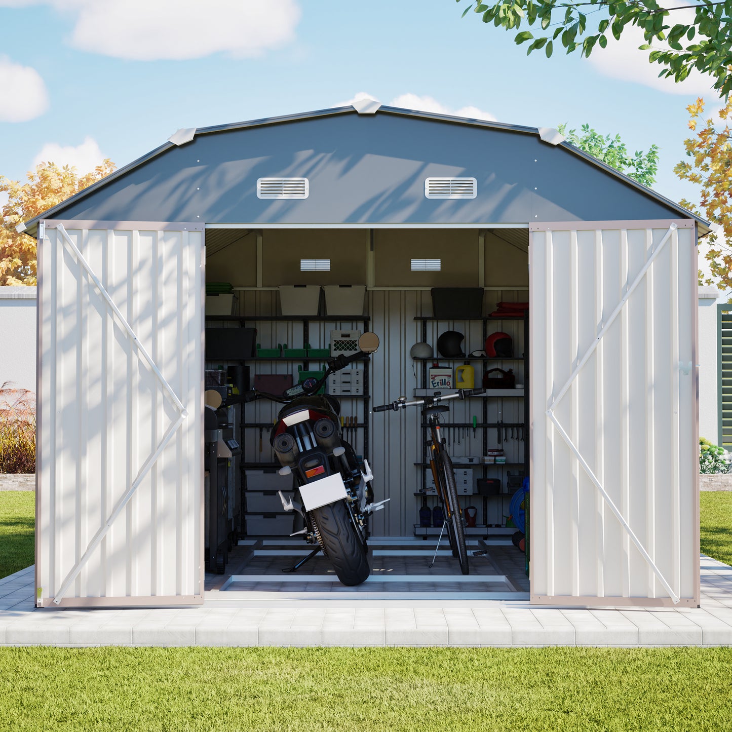 10' x 12' Metal Outdoor Storage Shed with Floor Frame Kit Tool Shed Heavy Duty