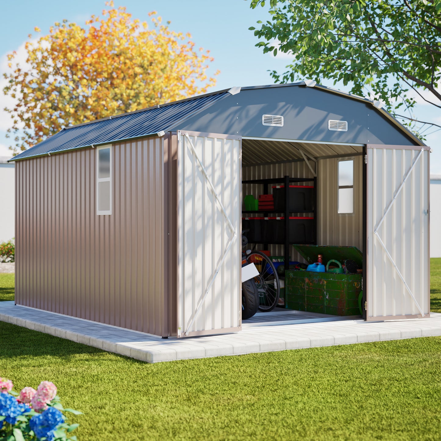 10' x 12' Metal Outdoor Storage Shed with Floor Frame Kit Tool Shed Heavy Duty