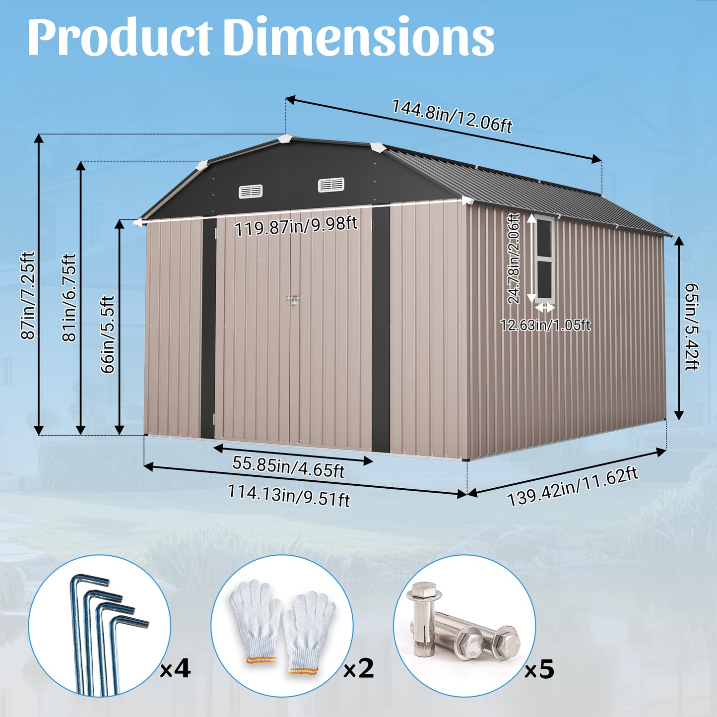 10' x 12' Metal Outdoor Storage Shed with Floor Frame Kit Tool Shed Heavy Duty