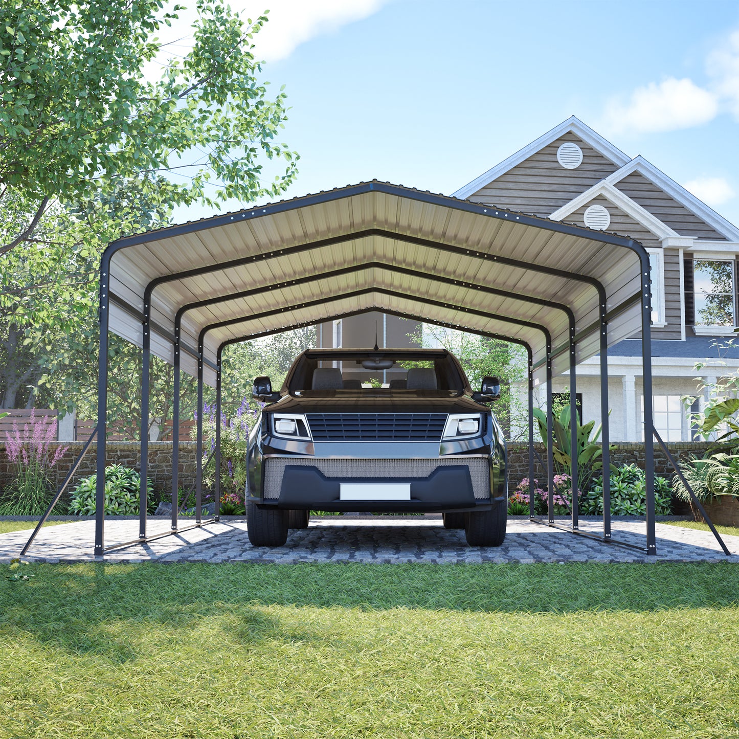13x20 FT Metal Carport,Garage with Upgraded Triangle Reinforced Frame&4 Poles,Galvanized Steel Hardtop Roof,Heavy-Duty All-Weather Shelter for Car,Truck,Boat,Outdoor Storage