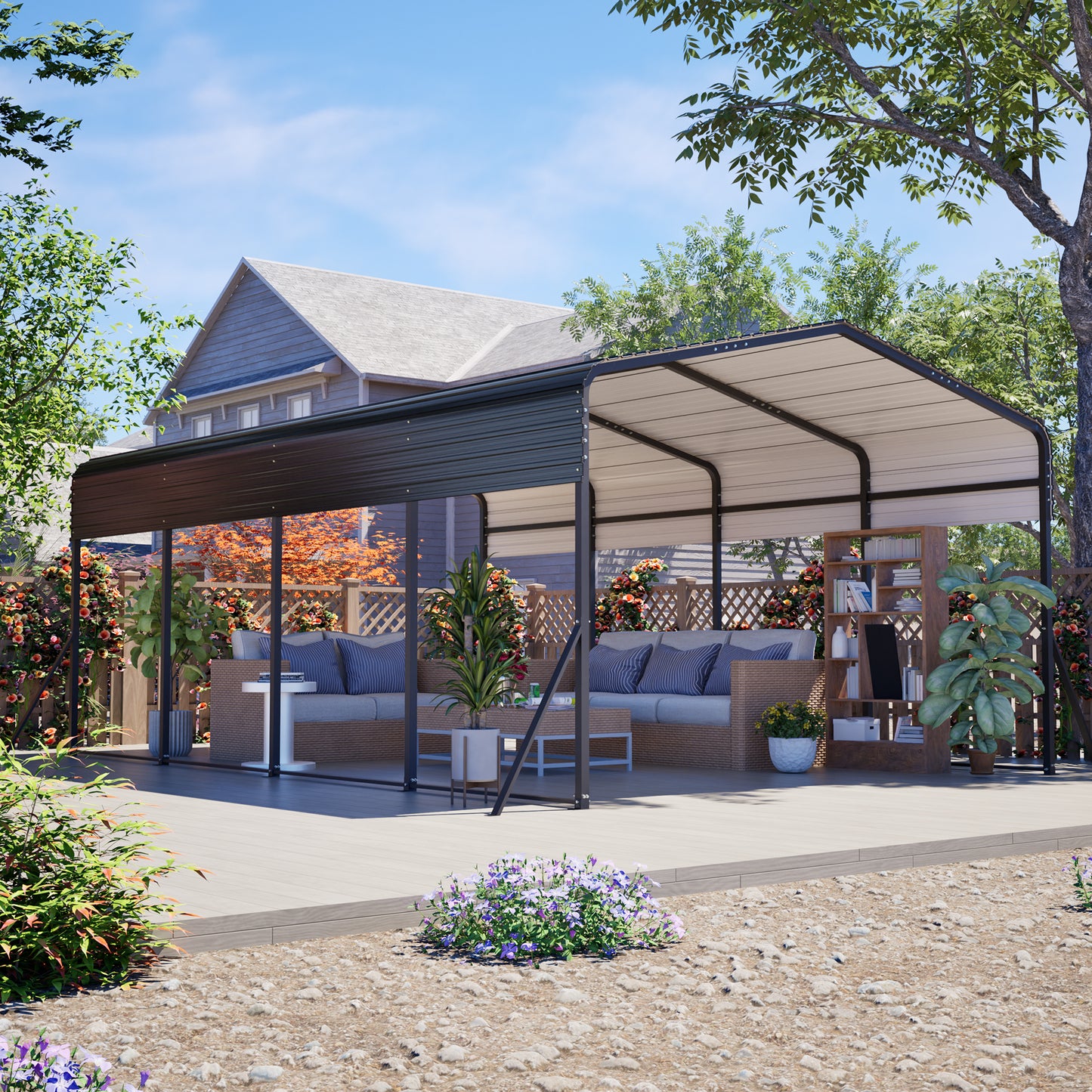 13x20 FT Metal Carport,Garage with Upgraded Triangle Reinforced Frame&4 Poles,Galvanized Steel Hardtop Roof,Heavy-Duty All-Weather Shelter for Car,Truck,Boat,Outdoor Storage