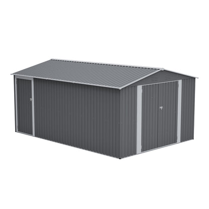 10x14 FT Outdoor Metal Storage Shed, Large Garden Shed Tool Shed with 3 Lockable Doors & Side Door, Waterproof Yard Building with 4 Air Vents for Backyard, Patio, Light Gray