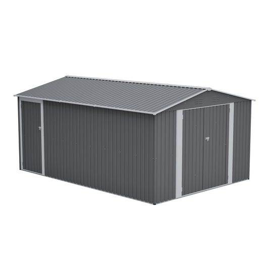 10x14 FT Outdoor Metal Storage Shed, Large Garden Shed Tool Shed with 3 Lockable Doors & Side Door, Waterproof Yard Building with 4 Air Vents for Backyard, Patio, Light Gray