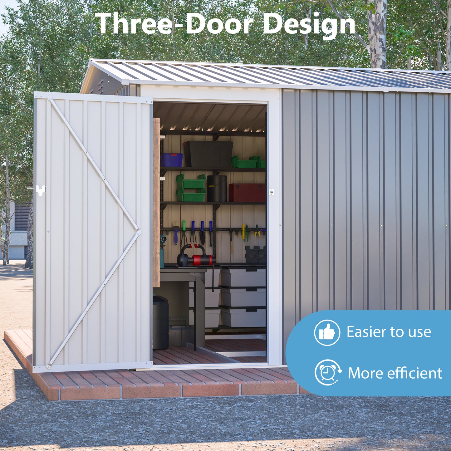 10x14 FT Outdoor Metal Storage Shed, Large Garden Shed Tool Shed with 3 Lockable Doors & Side Door, Waterproof Yard Building with 4 Air Vents for Backyard, Patio, Light Gray