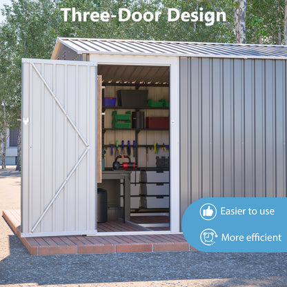 10x14 FT Outdoor Metal Storage Shed, Large Garden Shed Tool Shed with 3 Lockable Doors & Side Door, Waterproof Yard Building with 4 Air Vents for Backyard, Patio, Light Gray