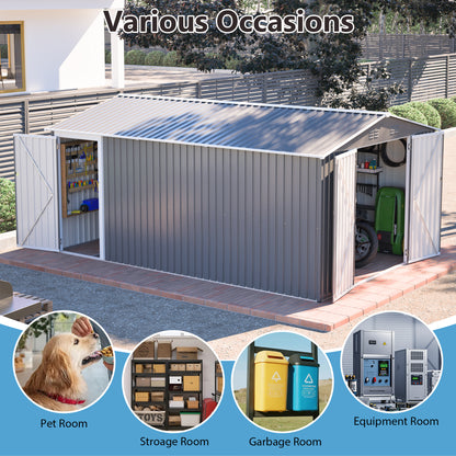 10x14 FT Outdoor Metal Storage Shed, Large Garden Shed Tool Shed with 3 Lockable Doors & Side Door, Waterproof Yard Building with 4 Air Vents for Backyard, Patio, Light Gray