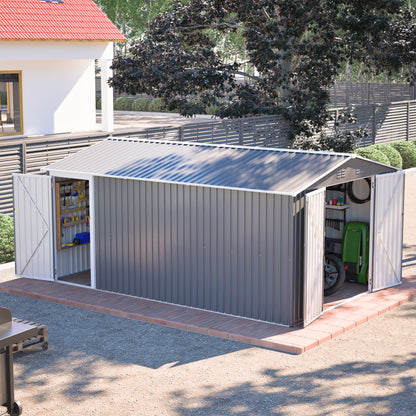 10x14 FT Outdoor Metal Storage Shed, Large Garden Shed Tool Shed with 3 Lockable Doors & Side Door, Waterproof Yard Building with 4 Air Vents for Backyard, Patio, Light Gray