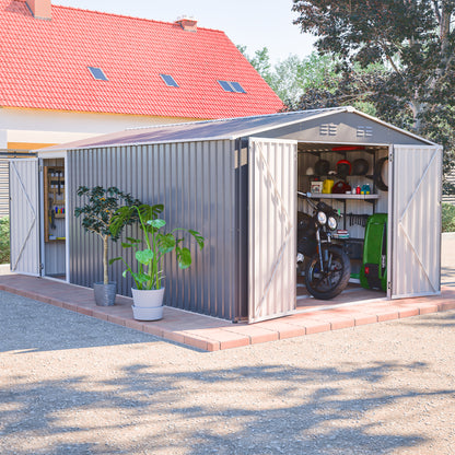 10x14 FT Outdoor Metal Storage Shed, Large Garden Shed Tool Shed with 3 Lockable Doors & Side Door, Waterproof Yard Building with 4 Air Vents for Backyard, Patio, Light Gray