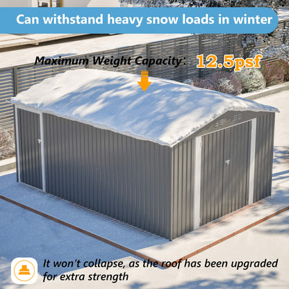 10x14 FT Outdoor Metal Storage Shed, Large Garden Shed Tool Shed with 3 Lockable Doors & Side Door, Waterproof Yard Building with 4 Air Vents for Backyard, Patio, Light Gray
