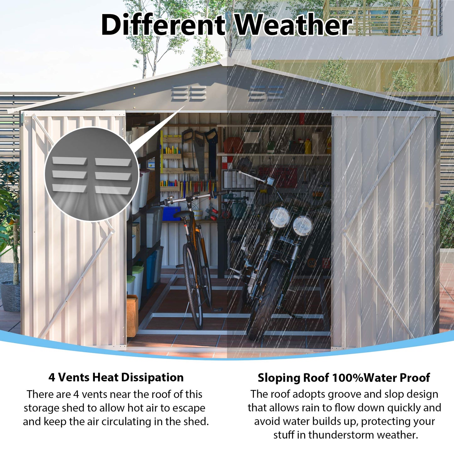 10x14 FT Outdoor Metal Storage Shed, Large Garden Shed Tool Shed with 3 Lockable Doors & Side Door, Waterproof Yard Building with 4 Air Vents for Backyard, Patio, Light Gray