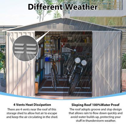 10x14 FT Outdoor Metal Storage Shed, Large Garden Shed Tool Shed with 3 Lockable Doors & Side Door, Waterproof Yard Building with 4 Air Vents for Backyard, Patio, Light Gray