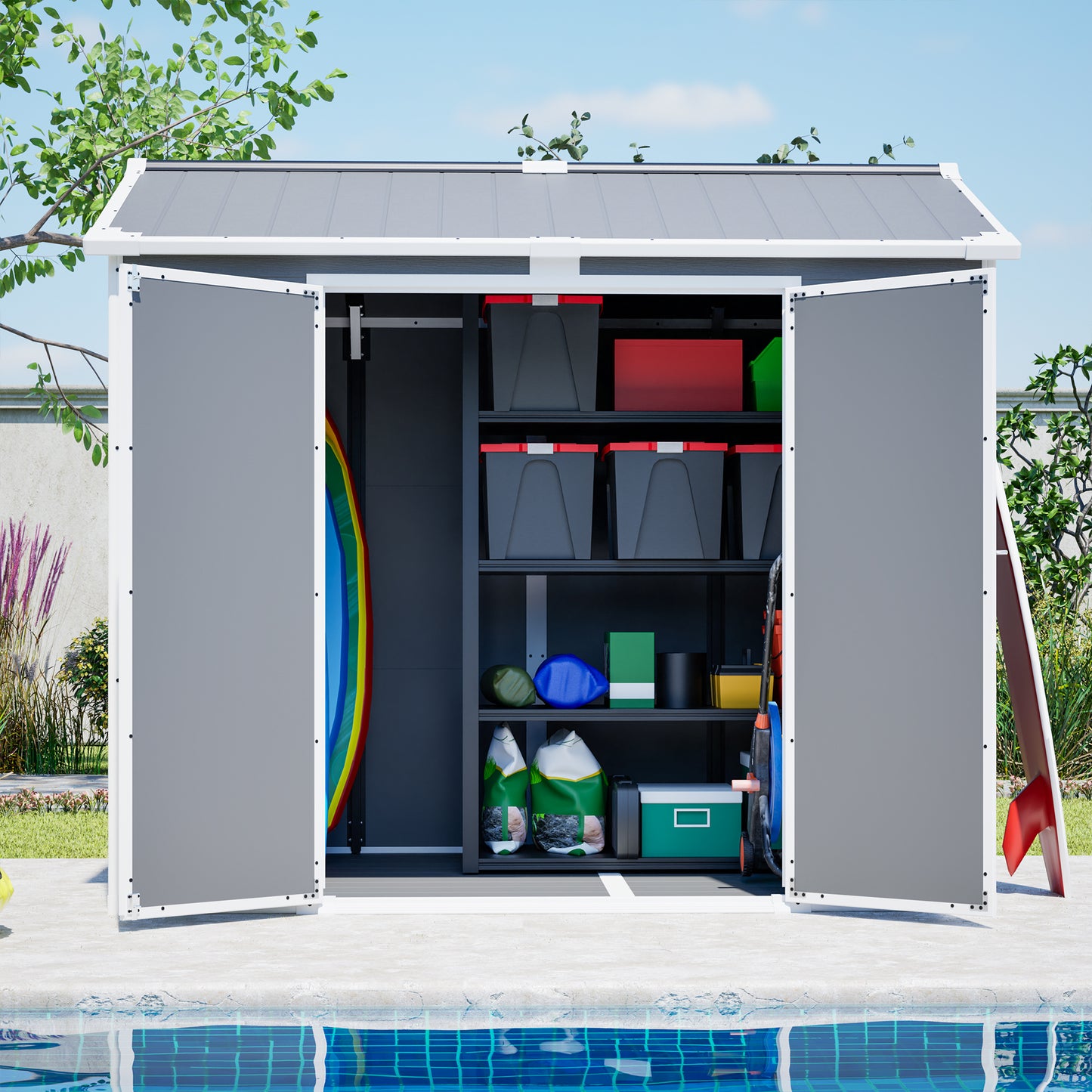 Plastic Utility Shed 8x6 ft with Floor – Lockable Storage Shed for Garden Tools & Trash Bins, All-Weather Outdoor Organizer in Gray-White