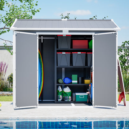 Plastic Utility Shed 8x6 ft with Floor – Lockable Storage Shed for Garden Tools & Trash Bins, All-Weather Outdoor Organizer in Gray-White