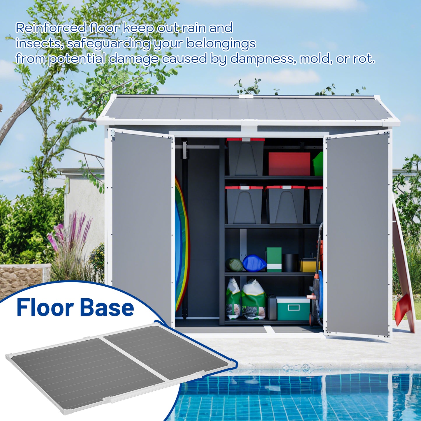 Plastic Utility Shed 8x6 ft with Floor – Lockable Storage Shed for Garden Tools & Trash Bins, All-Weather Outdoor Organizer in Gray-White