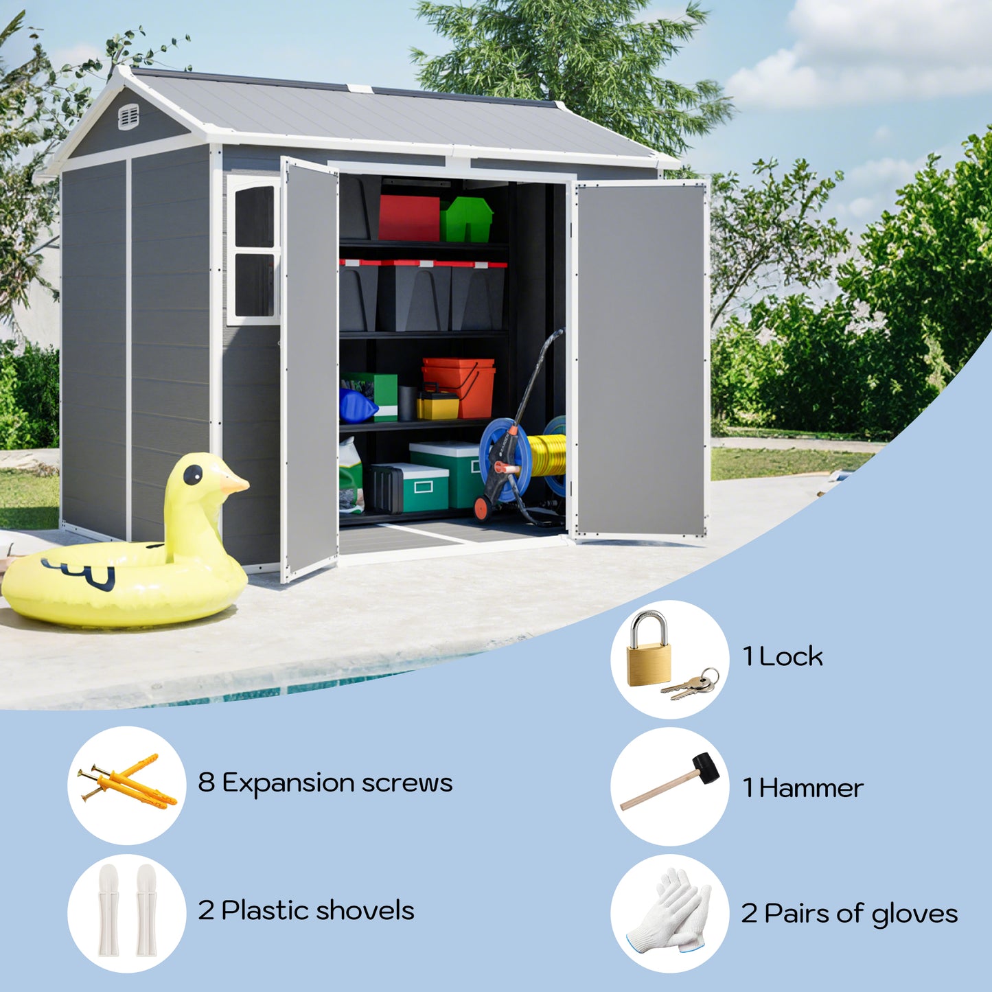 Plastic Utility Shed 8x6 ft with Floor – Lockable Storage Shed for Garden Tools & Trash Bins, All-Weather Outdoor Organizer in Gray-White