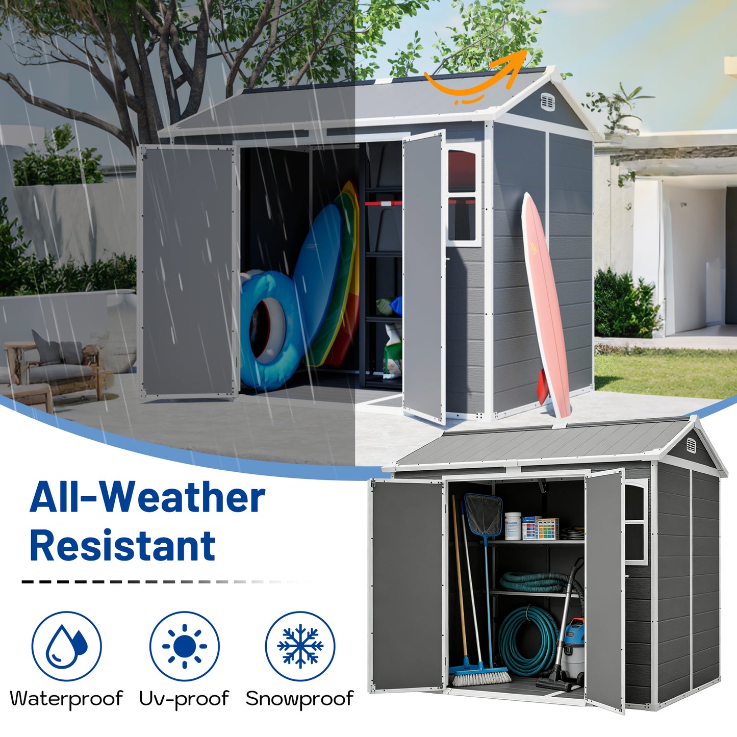 Plastic Utility Shed 8x6 ft with Floor – Lockable Storage Shed for Garden Tools & Trash Bins, All-Weather Outdoor Organizer in Gray-White