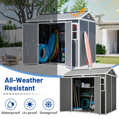 Plastic Utility Shed 8x6 ft with Floor – Lockable Storage Shed for Garden Tools & Trash Bins, All-Weather Outdoor Organizer in Gray-White