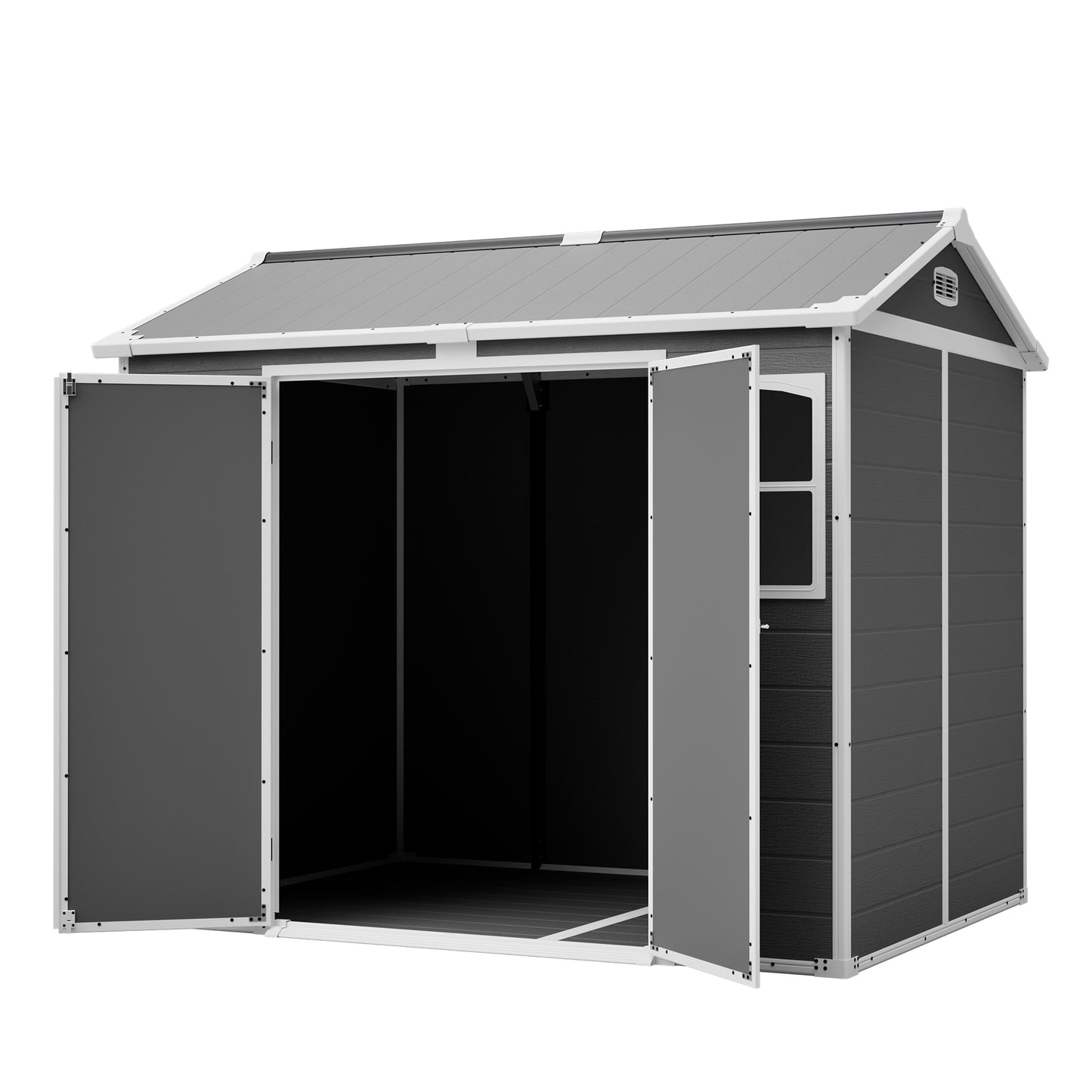 Plastic Utility Shed 8x6 ft with Floor – Lockable Storage Shed for Garden Tools & Trash Bins, All-Weather Outdoor Organizer in Gray-White