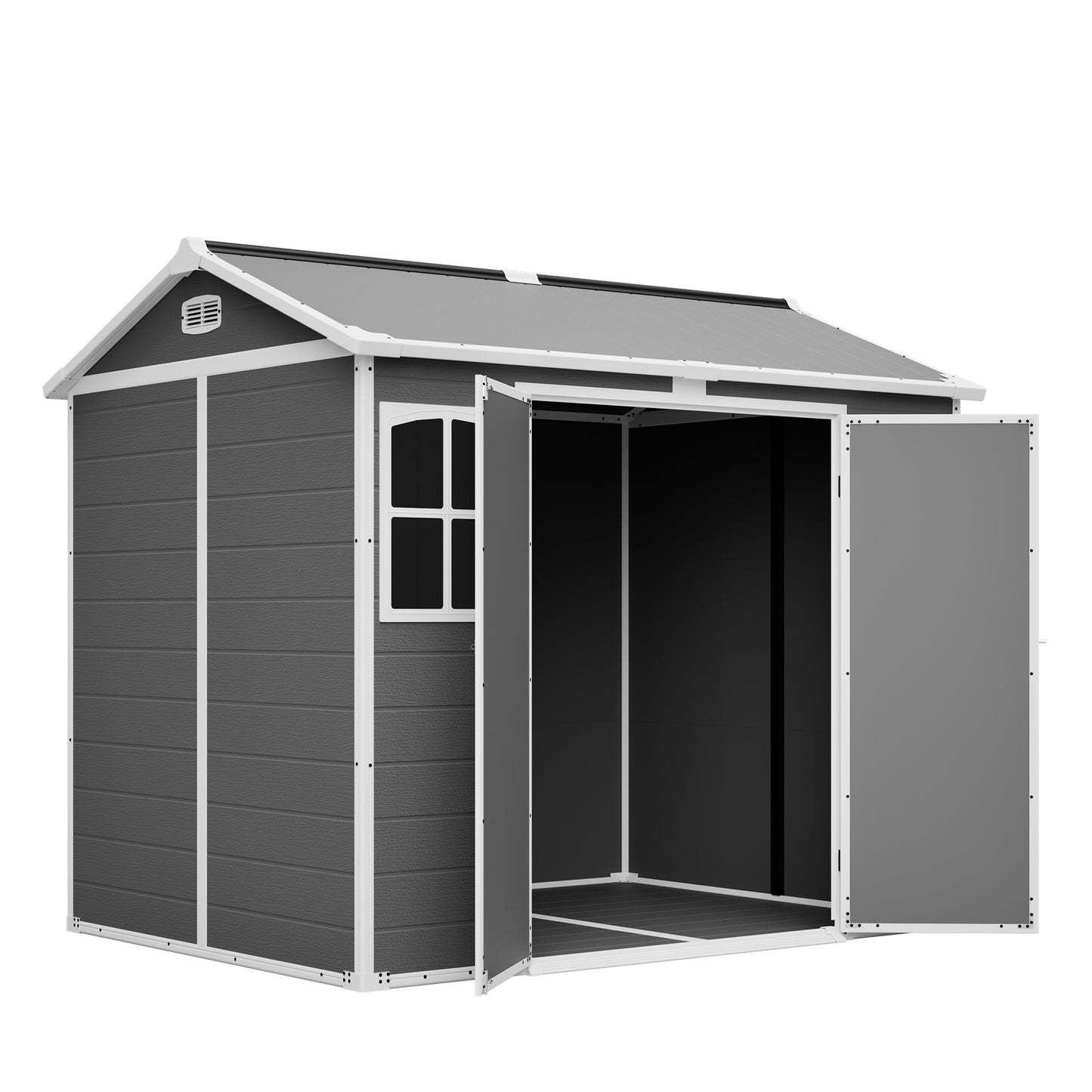 Plastic Utility Shed 8x6 ft with Floor – Lockable Storage Shed for Garden Tools & Trash Bins, All-Weather Outdoor Organizer in Gray-White