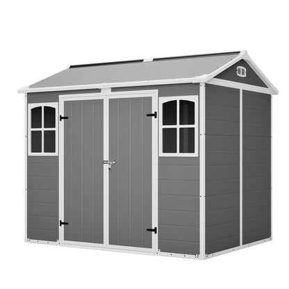 Plastic Utility Shed 8x6 ft with Floor – Lockable Storage Shed for Garden Tools & Trash Bins, All-Weather Outdoor Organizer in Gray-White