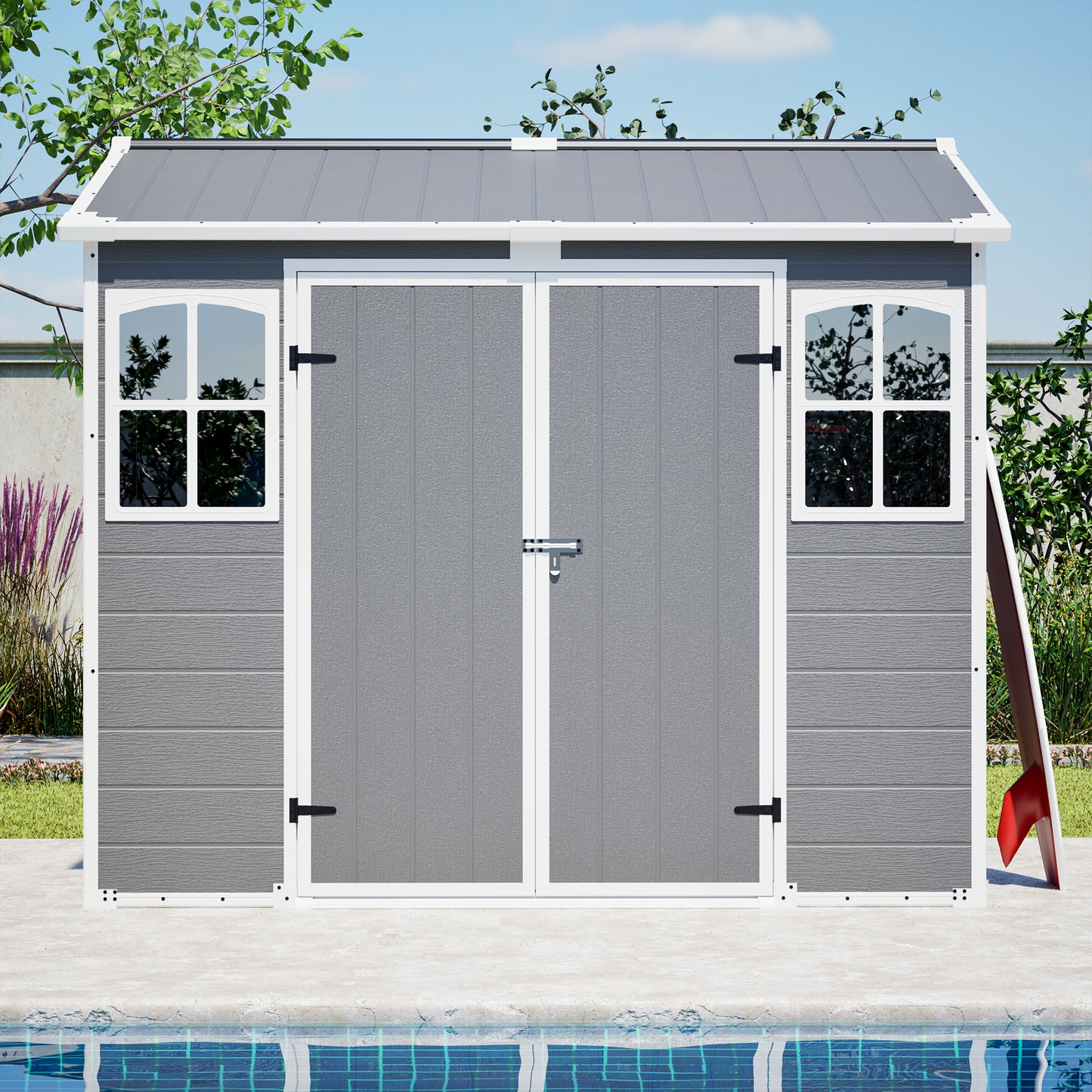 Plastic Utility Shed 8x6 ft with Floor – Lockable Storage Shed for Garden Tools & Trash Bins, All-Weather Outdoor Organizer in Gray-White