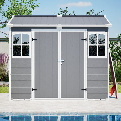 Plastic Utility Shed 8x6 ft with Floor – Lockable Storage Shed for Garden Tools & Trash Bins, All-Weather Outdoor Organizer in Gray-White