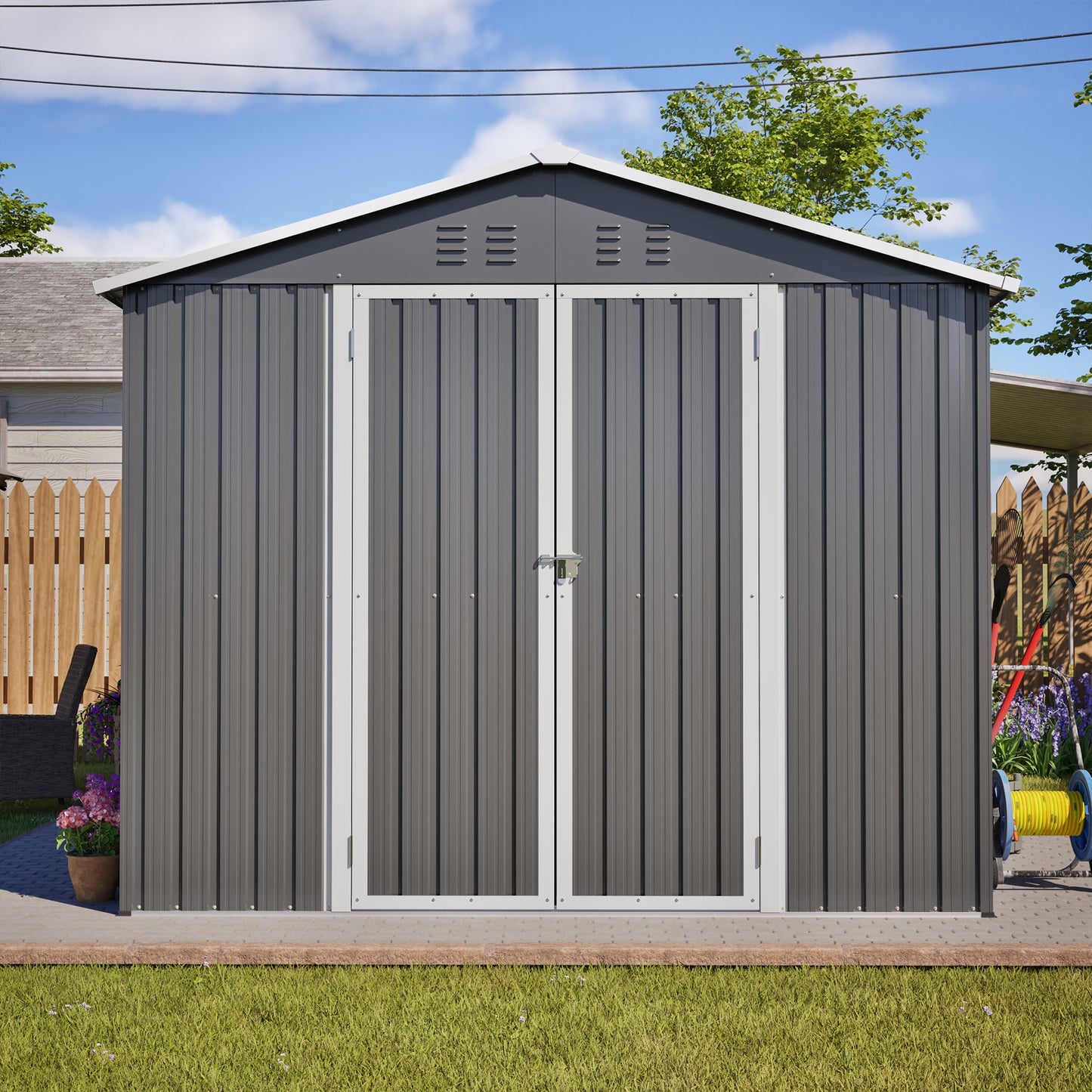 Lockable Secure Metal Shed 8x12 FT - Large Outdoor Storage with Aluminum Frame, Durable Garden Tool Shed for Backyard, Patio, Lawn, Grey