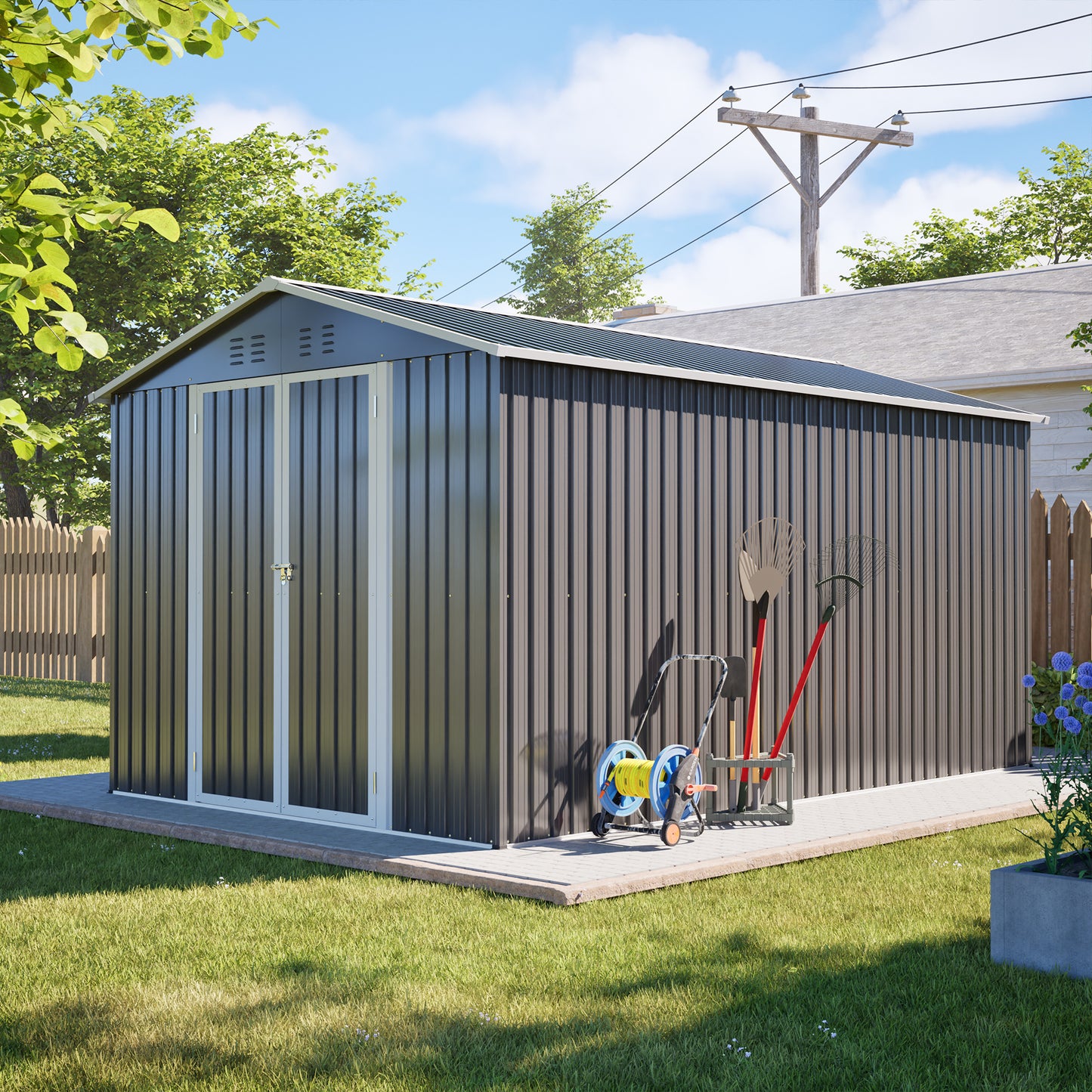 Lockable Secure Metal Shed 8x12 FT - Large Outdoor Storage with Aluminum Frame, Durable Garden Tool Shed for Backyard, Patio, Lawn, Grey