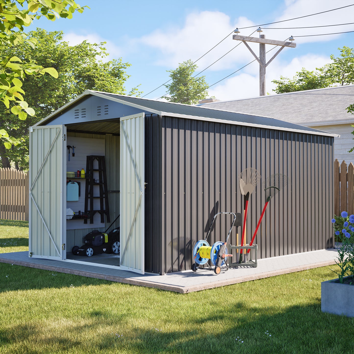 Lockable Secure Metal Shed 8x12 FT - Large Outdoor Storage with Aluminum Frame, Durable Garden Tool Shed for Backyard, Patio, Lawn, Grey